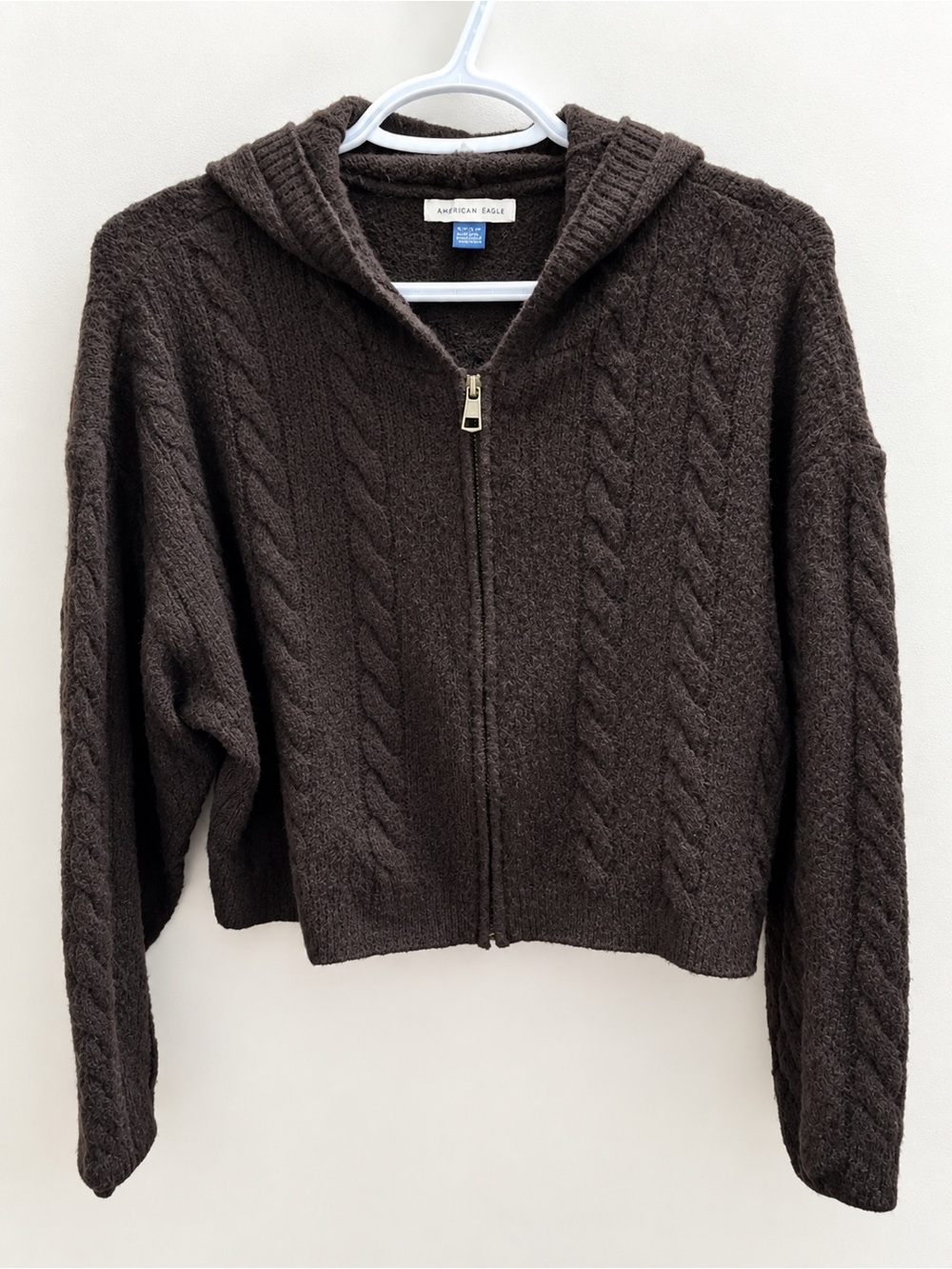 American Eagle Outfitters Brown Cable-Knit Hooded Zip Sweater